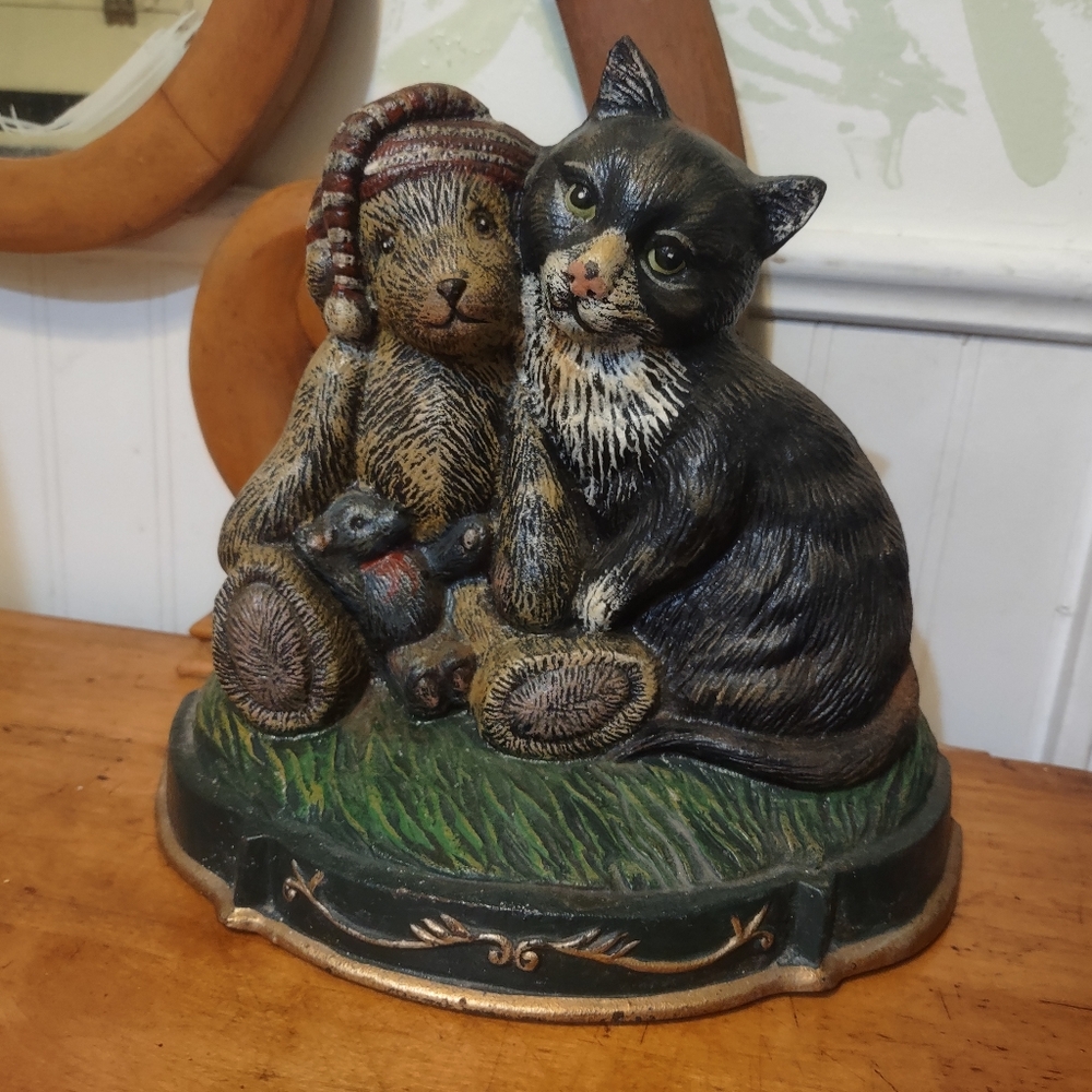 Vintage Cast Iron Door Stop Decorative Cat and Bear - Black and Brown - Cute